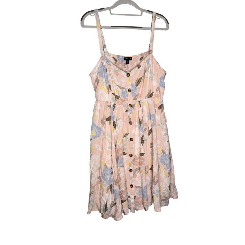 Torrid Floral Button Down Sun Dress Peach Pink Blue Yellow Size 1 Plus Pockets